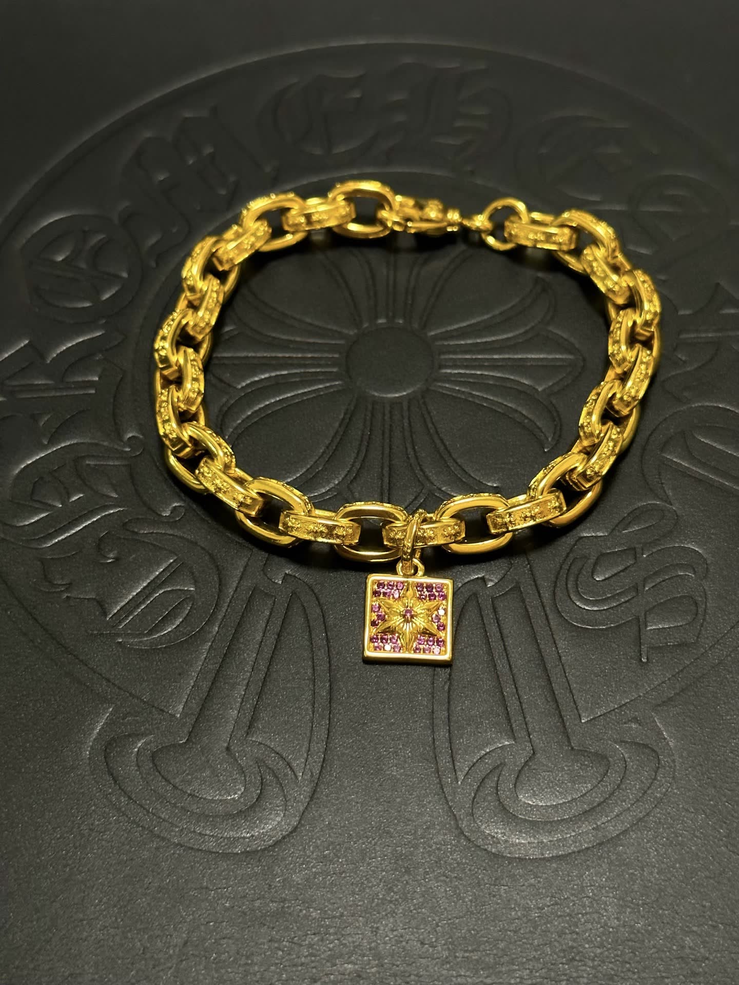 Chrome Hearts Gold Tone Bracelet with Pink Crystal Charm